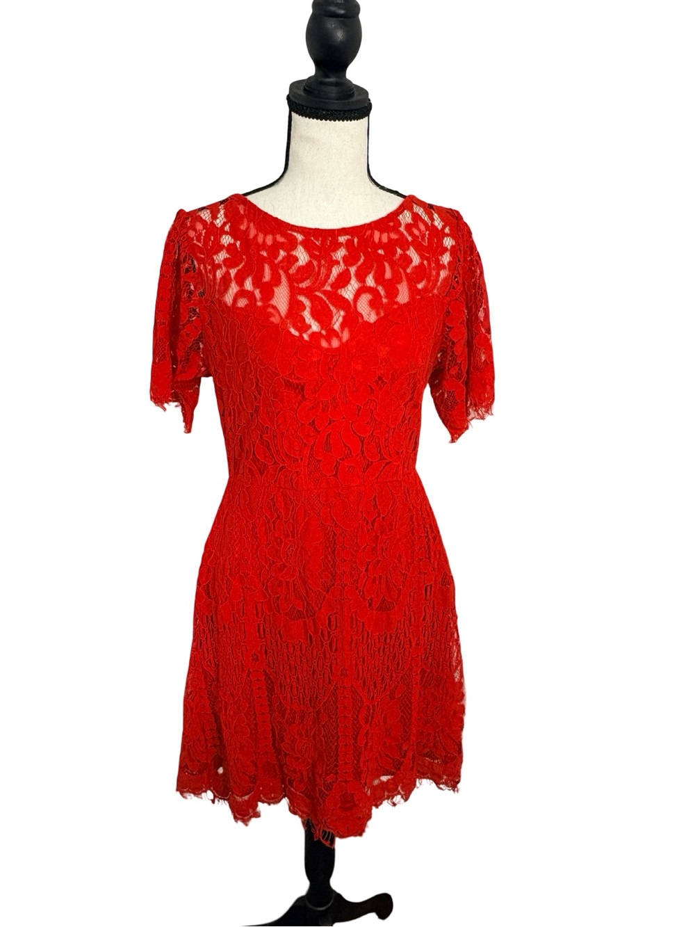Lulus Red Lace Fit & Flare Mini Dress Low‎ Back RD4022 Womens L